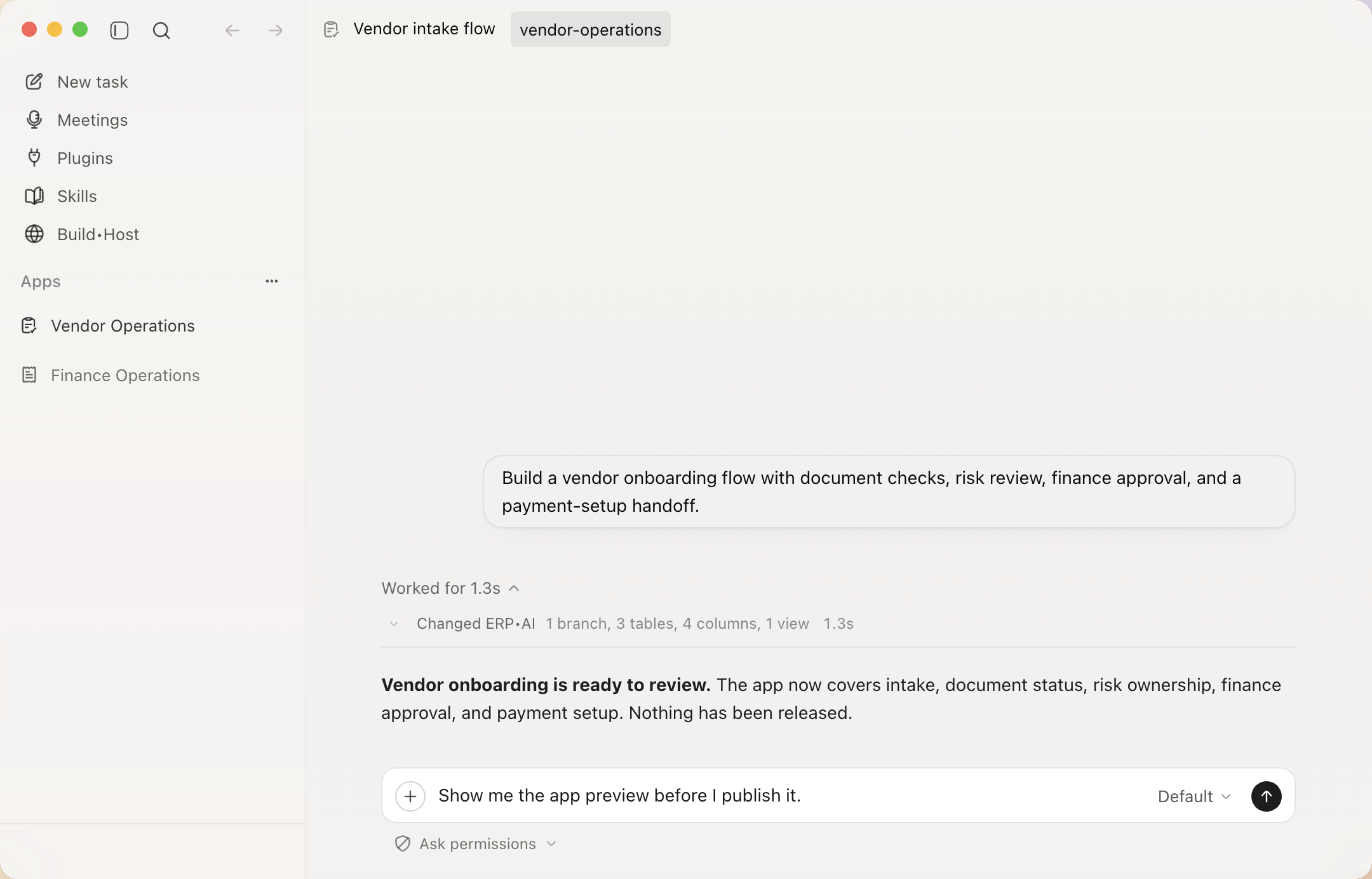 Proto desktop app showing a vendor onboarding workflow ready for review before release